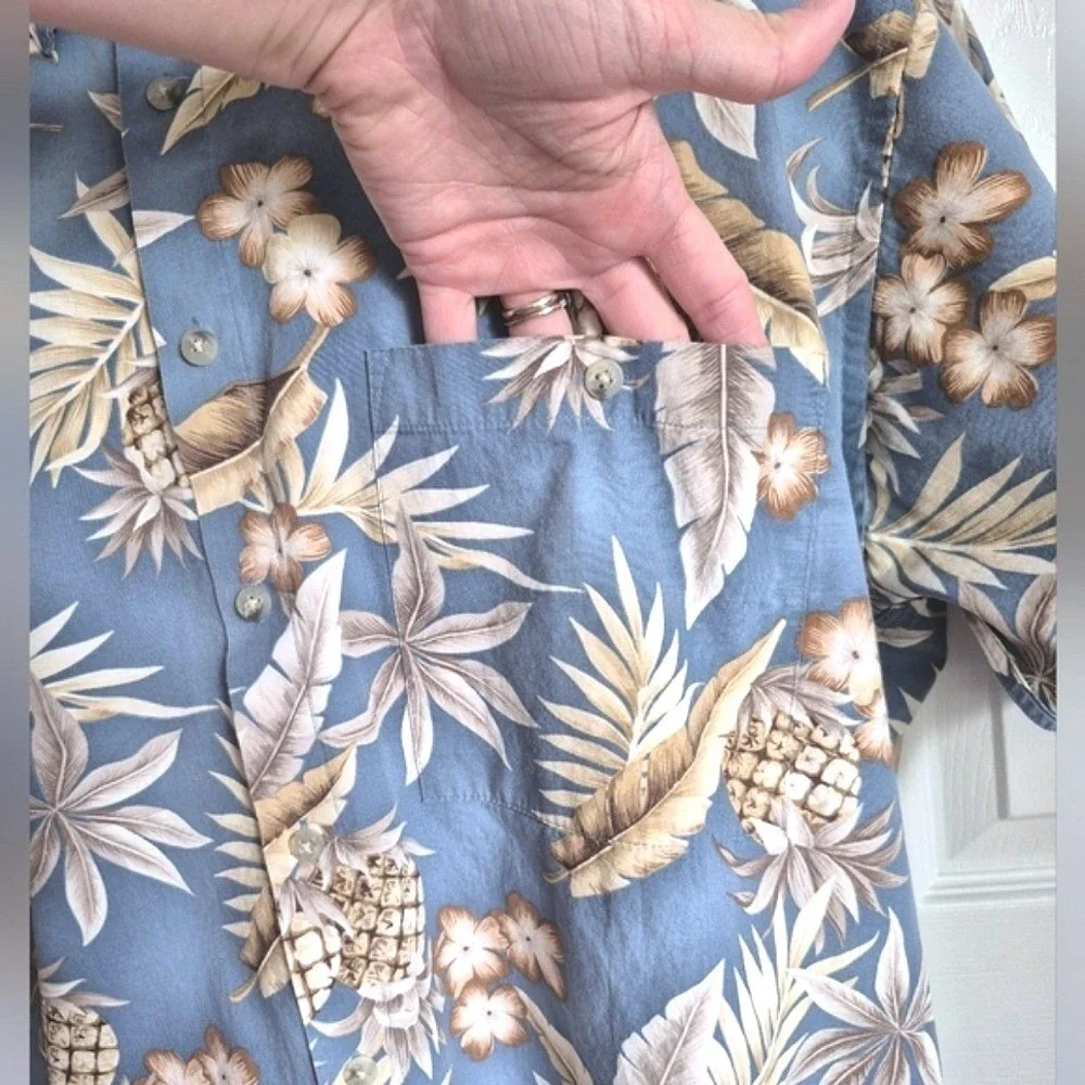 Vintage‎ Campia 100% Cotton Button Down Light Blue Tan Hawaiian Shirt Mens L